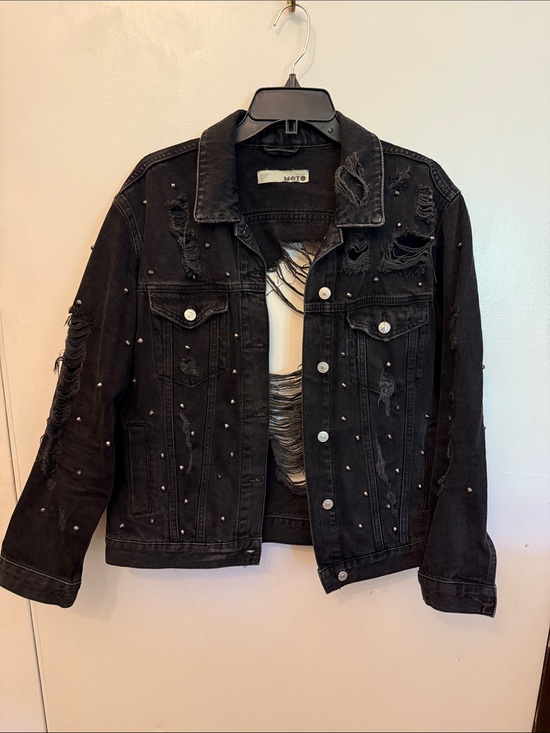 Topshop Jackets & Blazers - Topshop Black Distressed Studded Denim Jacket
